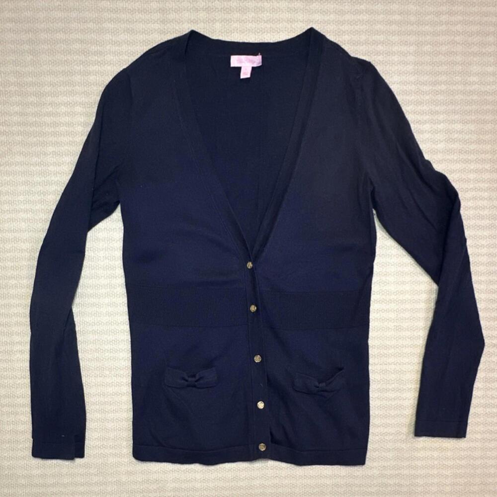 Lilly Pulitzer Knit Cardigan Sweater Navy Blue Silk Cotton Bow Gold Buttons L